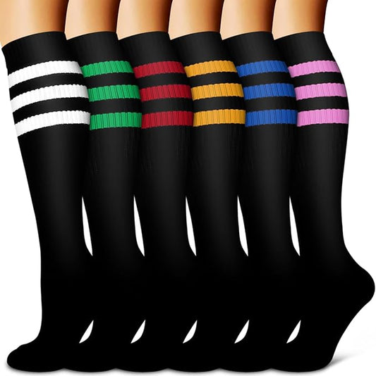 Copper Compression Socks for Women & Men (6 pairs) - Best Support for Nurses, Running, Hiking, Recovery(Black Stripe Series 6 Pairs)