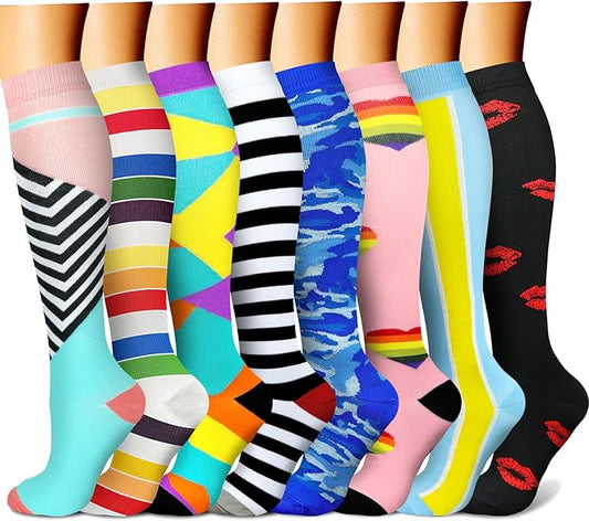 Compression Socks for Women & Men Circulation (8 Pairs) 15-20 mmHg is Best Support for Athletic Running,Hiking(Pink/Rainbow/Cyan/White/Blue)