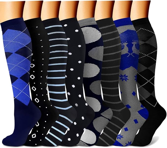 Compression Socks for Women & Men Circulation (8 Pairs) 15-20 mmHg is Best Support for Athletic Running,Hiking(Navy/Black/Black/Black/Gray)