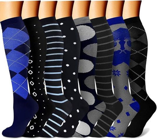 Compression Socks for Women & Men Circulation (8 Pairs) 15-20 mmHg is Best Support for Athletic Running,Hiking(Navy/Black/Black/Black/Gray)