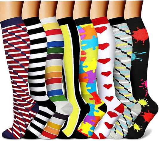 Compression Socks for Women & Men Circulation (8 Pairs) 15-20 mmHg is Best Support for Athletic Running,Hiking(Yellow/Gray/Red/Rainbow/White)