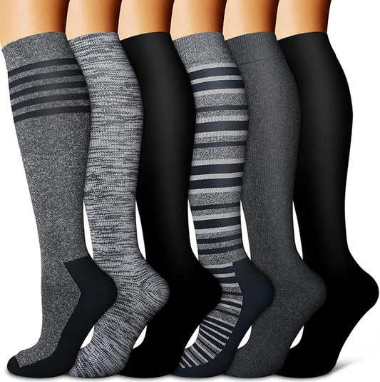 Copper Compression Socks for Women & Men (6 pairs) - Best Support for Nurses, Running, Hiking, Recovery(Black 3 Pairs/Gray 3 Pairs)