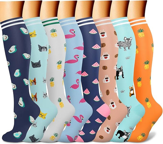 Compression Socks for Women & Men Circulation (8 Pairs) 15-20 mmHg is Best Support for Athletic Running,Hiking(Blue/Blue/White/Cyan/Orange)