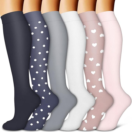 Copper Compression Socks for Women & Men (6 pairs) - Best Support for Nurses, Running, Hiking, Recovery(Black/Navy/Gray/White/Red/Pink)