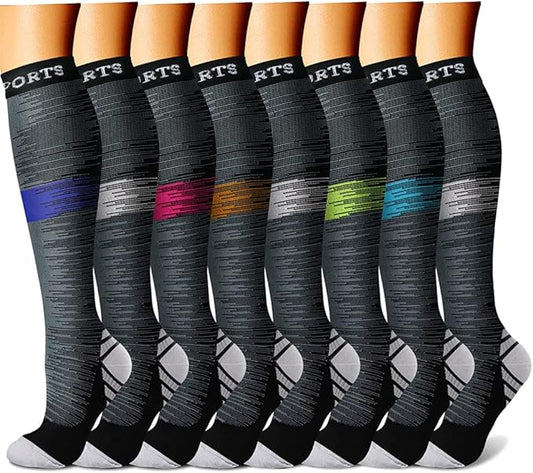 Compression Socks for Women & Men Circulation (8 Pairs) 15-20 mmHg is Best Support for Athletic Running,Hiking(Blue/Orange/Gray/Red/Gray)