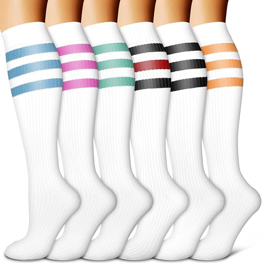 Copper Compression Socks for Women & Men (6 pairs) - Best Support for Nurses, Running, Hiking, Recovery(White Stripe Series 6 Pairs)