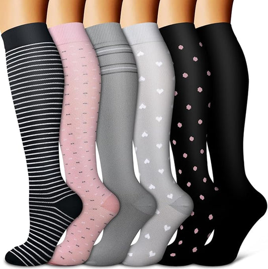 Copper Compression Socks for Women & Men (6 pairs) - Best Support for Nurses, Running, Hiking, Recovery(Black/Pink/Gray/Gray/Black/Black)