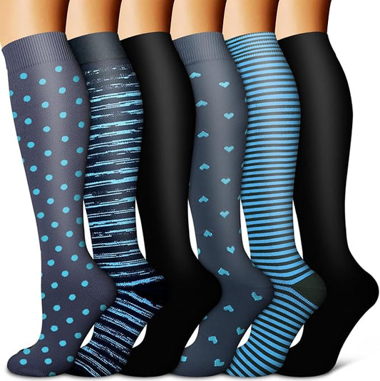 Copper Compression Socks for Women & Men (6 pairs) - Best Support for Nurses, Running, Hiking, Recovery(Black 2 Pairs/Blue 4 Pairs)