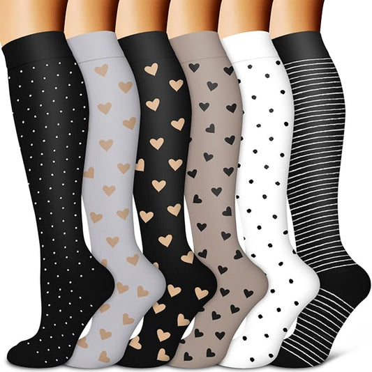 Copper Compression Socks for Women & Men (6 pairs) - Best Support for Nurses, Running, Hiking, Recovery(Black/Gray/Black/Gray/White/Black)
