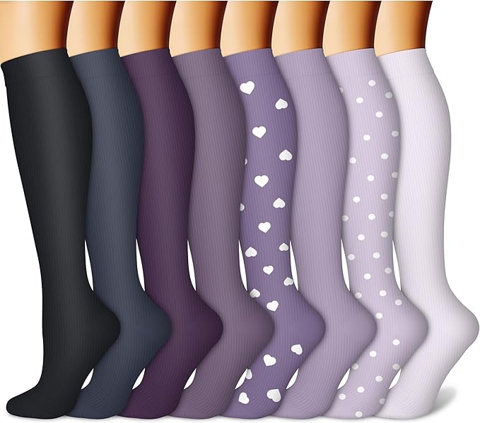Compression Socks for Women & Men Circulation (8 Pairs) 15-20 mmHg is Best Support for Athletic Running,Hiking(Black/Purple/Purple/Purple/Purple)