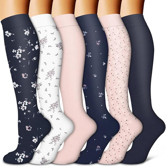 Copper Compression Socks for Women & Men (6 pairs) - Best Support for Nurses, Running, Hiking, Recovery(Navy/White/Pink/Navy/Pink/Navy)