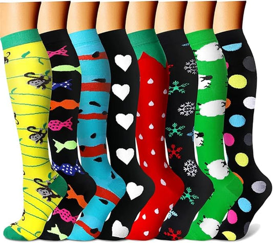 Compression Socks for Women & Men Circulation (8 Pairs) 15-20 mmHg is Best Support for Athletic Running,Hiking(Yellow/Black/Blue/Black/Red)