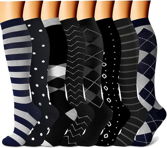 Compression Socks for Women & Men Circulation (8 Pairs) 15-20 mmHg is Best Support for Athletic Running,Hiking(Navy/Black/Black/Black/Gray)