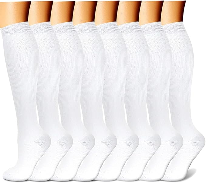 Compression Socks for Women & Men Circulation (8 Pairs) 15-20 mmHg is Best Support for Athletic Running,Hiking(White/White/White/White/White)