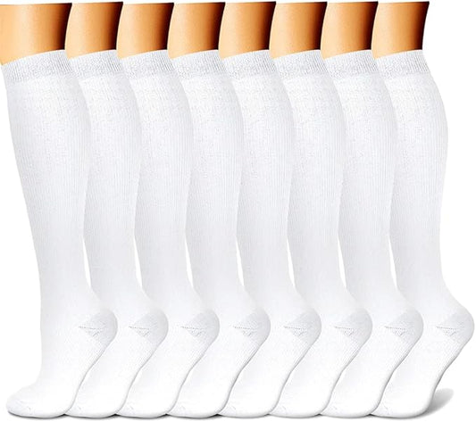 Compression Socks for Women & Men Circulation (8 Pairs) 15-20 mmHg is Best Support for Athletic Running,Hiking(White/White/White/White/White)