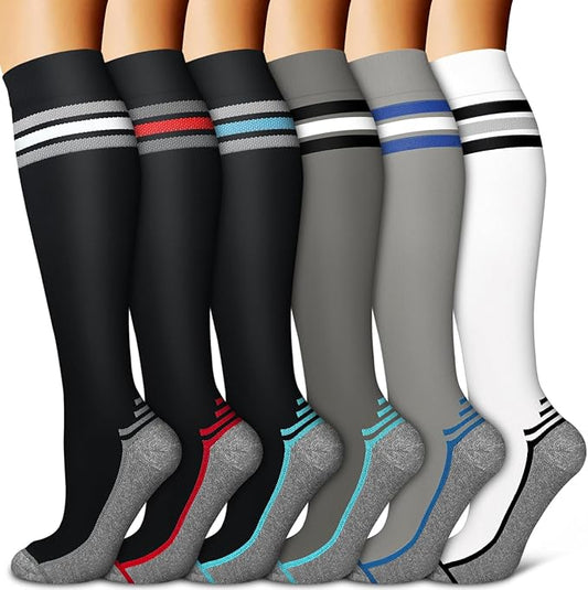 Copper Compression Socks for Women & Men (6 pairs) - Best Support for Nurses, Running, Hiking, Recovery(Black/Black/Black/Gray/Grey/White)