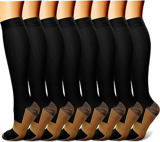 Compression Socks for Women & Men Circulation (8 Pairs) 15-20 mmHg is Best Support for Athletic Running,Hiking(Copper Black/Black/Black/Black/Black)