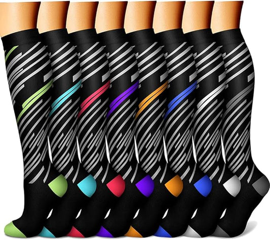 Compression Socks for Women & Men Circulation (8 Pairs) 15-20 mmHg is Best Support for Athletic Running,Hiking(Orange/Red/Green/White/Blue)