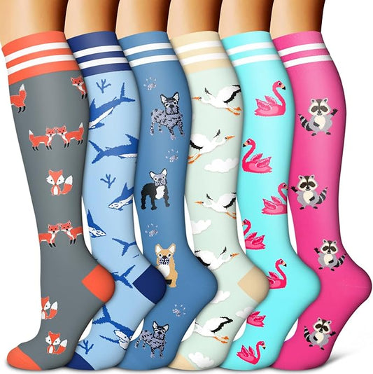 Copper Compression Socks for Women & Men (6 pairs) - Best Support for Nurses, Running, Hiking, Recovery(Gray/Blue/Blue/Beige/Green/Red)