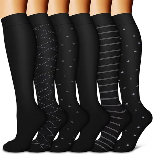 Copper Compression Socks for Women & Men (6 pairs) - Best Support for Nurses, Running, Hiking, Recovery(Black Stripe 6 Pairs)