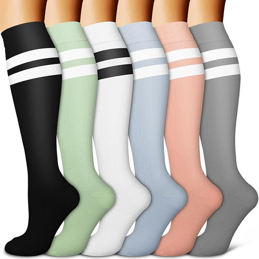 Copper Compression Socks for Women & Men (6 pairs) - Best Support for Nurses, Running, Hiking, Recovery(Black/Green/White/Blue/Pink/Gray)