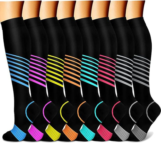 Compression Socks for Women & Men Circulation (8 Pairs) 15-20 mmHg is Best Support for Athletic Running,Hiking(Red/Yellow/Blue/White/Blue)