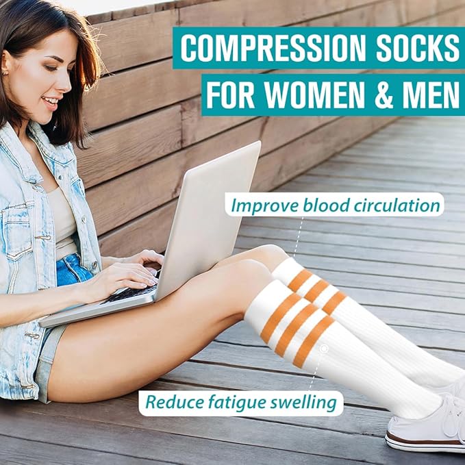 Copper Compression Socks for Women & Men (6 pairs) - Best Support for Nurses, Running, Hiking, Recovery(White Stripe Series 6 Pairs)