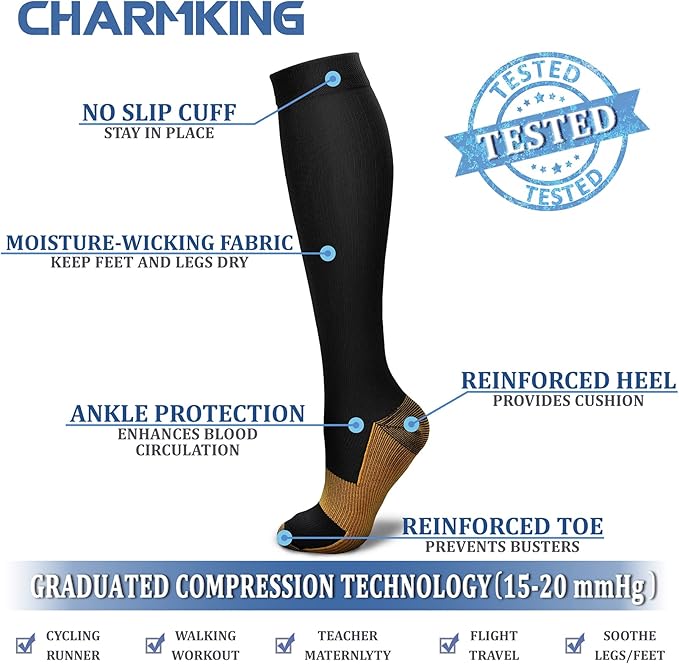 Compression Socks for Women & Men Circulation (8 Pairs) 15-20 mmHg is Best Support for Athletic Running,Hiking(Copper Black/Black/Black/Black/Black)
