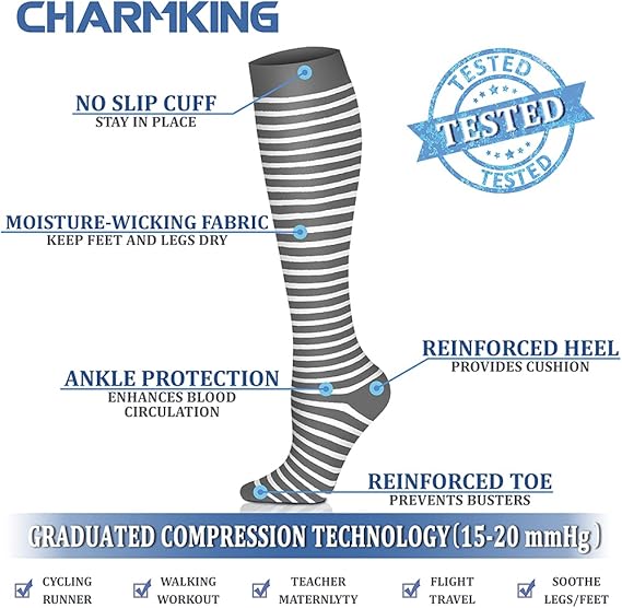 6 Pairs-Compression Socks for Women & Men Circulation Best Support for Nurses, Running, Athletic,Flight Travel(Black/Black/Black/White/Grey/Grey)