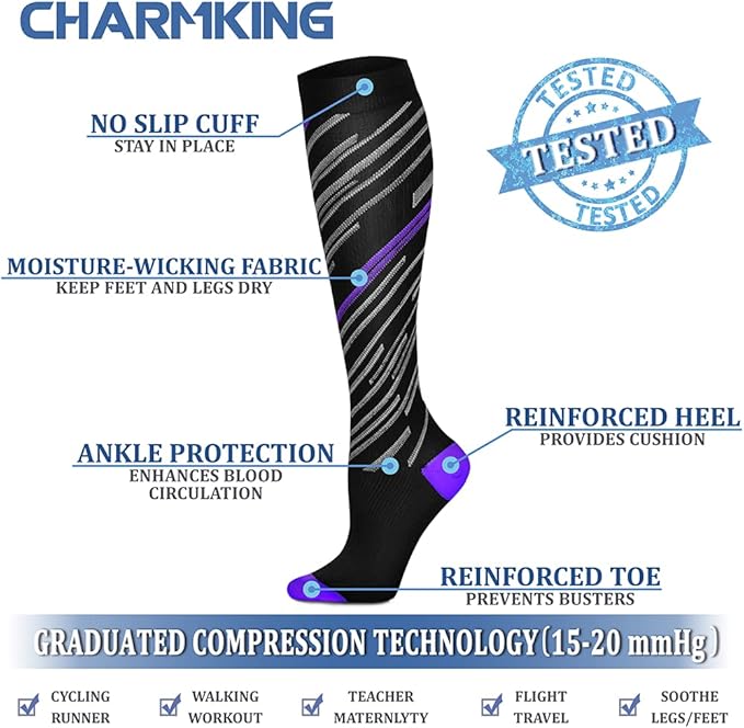 Compression Socks for Women & Men Circulation (8 Pairs) 15-20 mmHg is Best Support for Athletic Running,Hiking(Orange/Red/Green/White/Blue)