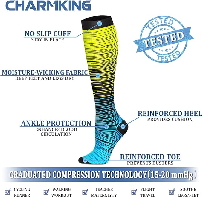 Compression Socks for Women & Men Circulation (8 Pairs) 15-20 mmHg is Best Support for Athletic Running,Hiking(Black/Grey/Grey/Blue/Blue)