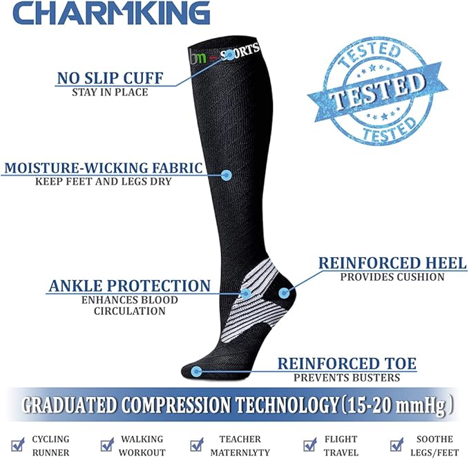 Compression Socks for Women & Men Circulation (8 Pairs) 15-20 mmHg is Best Support for Athletic Running,Hiking(Black/Black/Red/Yellow/Orange)