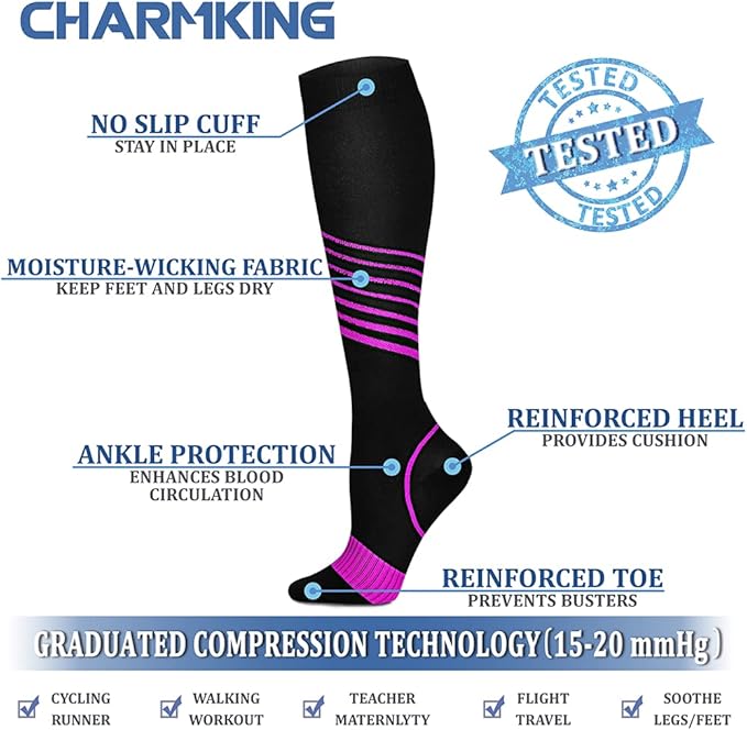 Compression Socks for Women & Men Circulation (8 Pairs) 15-20 mmHg is Best Support for Athletic Running,Hiking(Red/Yellow/Blue/White/Blue)