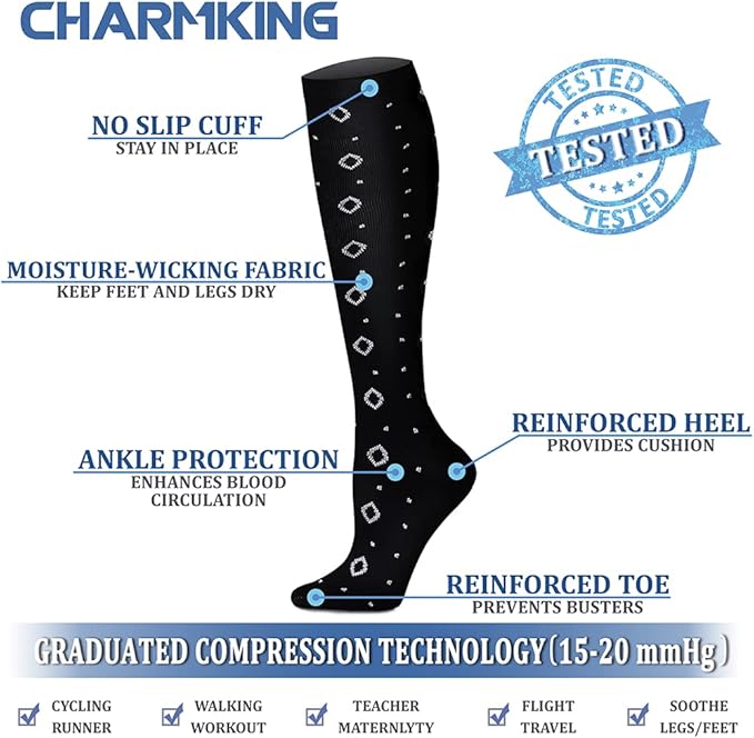 Compression Socks for Women & Men Circulation (8 Pairs) 15-20 mmHg is Best Support for Athletic Running,Hiking(Navy/Black/Black/Black/Gray)
