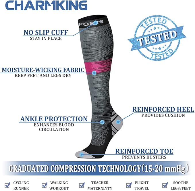 Compression Socks for Women & Men Circulation (8 Pairs) 15-20 mmHg is Best Support for Athletic Running,Hiking(Blue/Orange/Gray/Red/Gray)