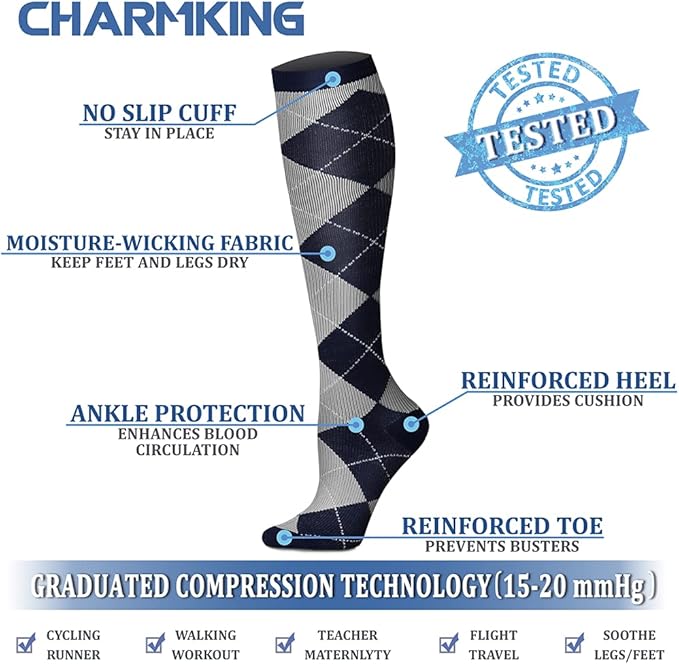 Compression Socks for Women & Men Circulation (8 Pairs) 15-20 mmHg is Best Support for Athletic Running,Hiking(Navy/Black/Black/Black/Gray)