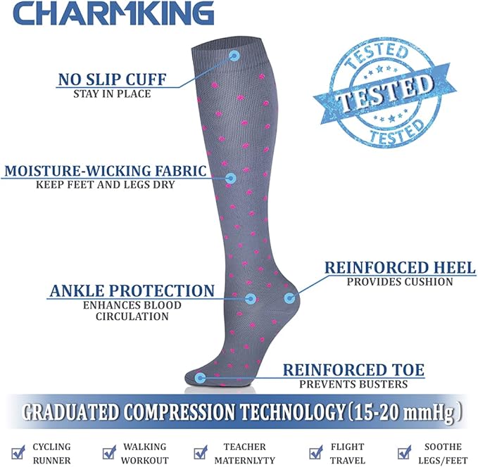 Compression Socks for Women & Men Circulation (8 Pairs) 15-20 mmHg is Best Support for Athletic Running,Hiking(Black/Black/Grey/Grey/Grey)