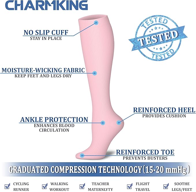 Compression Socks for Women & Men Circulation (8 Pairs) 15-20 mmHg is Best Support for Athletic Running,Hiking(Beige/Pink/Pink/Pink/Pink)