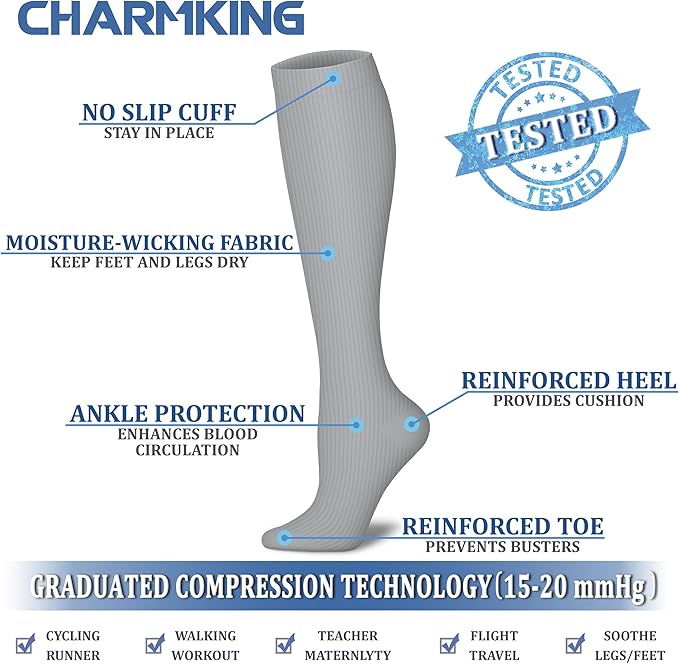 Compression Socks for Women & Men Circulation (8 Pairs) 15-20 mmHg is Best Support for Athletic Running,Hiking(Grey/Grey/Grey/Grey/Grey)