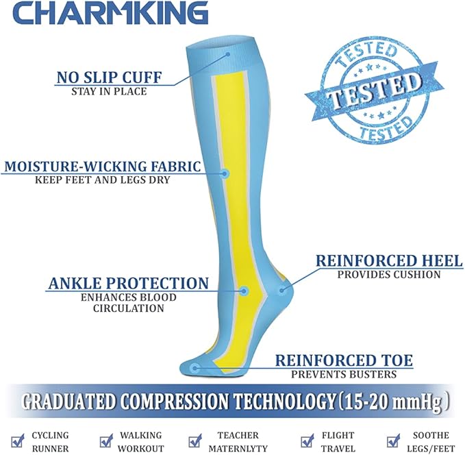 Compression Socks for Women & Men Circulation (8 Pairs) 15-20 mmHg is Best Support for Athletic Running,Hiking(Pink/Rainbow/Cyan/White/Blue)