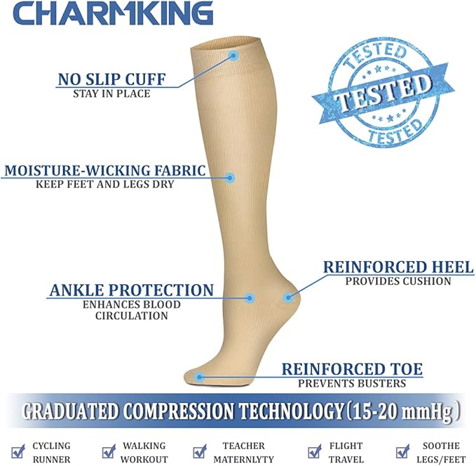 Compression Socks for Women & Men Circulation (8 Pairs) 15-20 mmHg is Best Support for Athletic Running,Hiking(Beige/Beige/Beige/Beige/Beige)