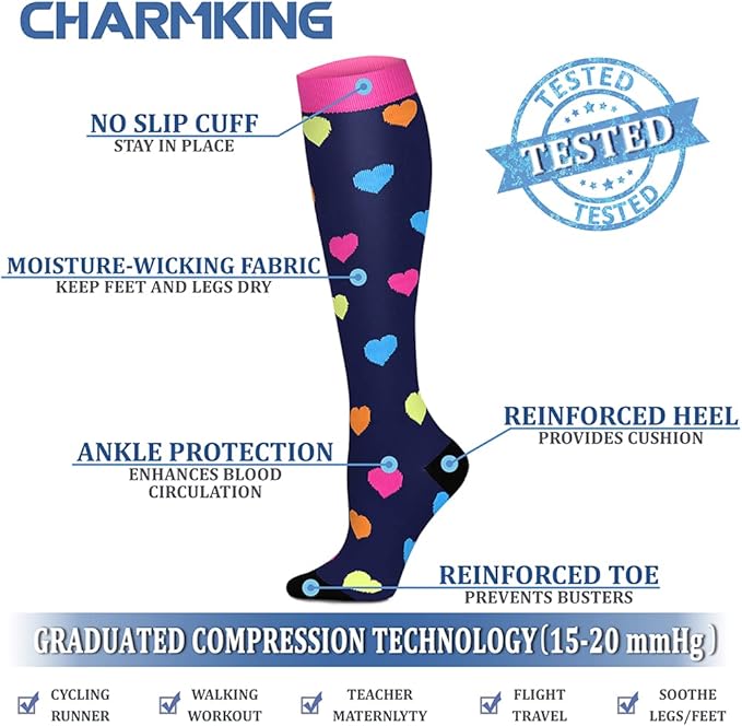 Compression Socks for Women & Men Circulation (8 Pairs) 15-20 mmHg is Best Support for Athletic Running,Hiking(Black/Black/Rainbow/Navy/Black)