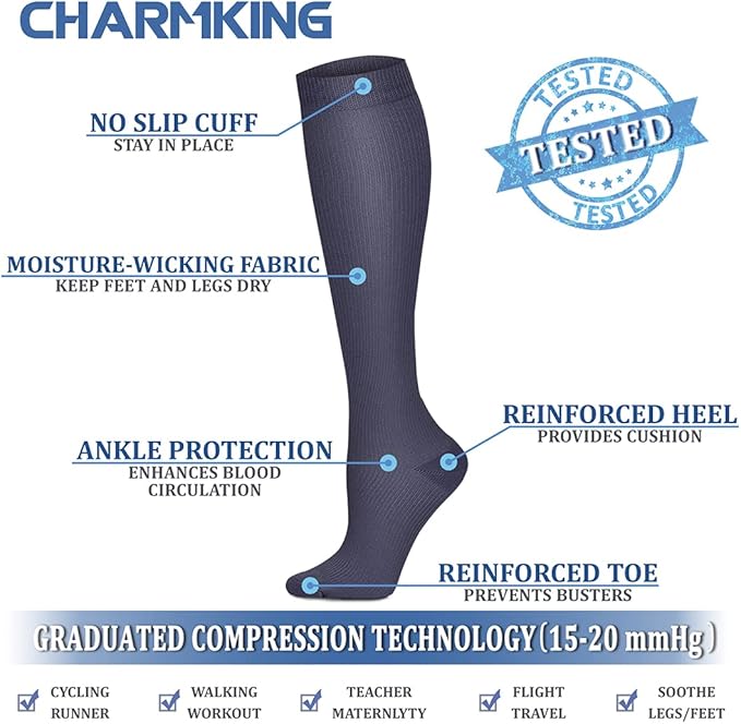Compression Socks for Women & Men Circulation (8 Pairs) 15-20 mmHg is Best Support for Athletic Running,Hiking(Black/Black/Black/Grey/Navy)
