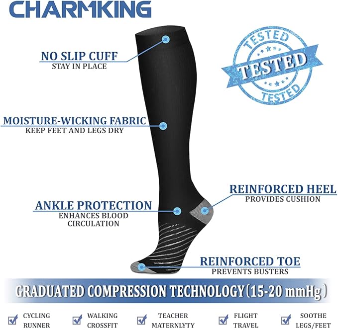 Compression Socks for Women & Men Circulation (8 Pairs) 15-20 mmHg is Best Support for Athletic Running,Hiking(Black/Black/Black/Black/Grey)