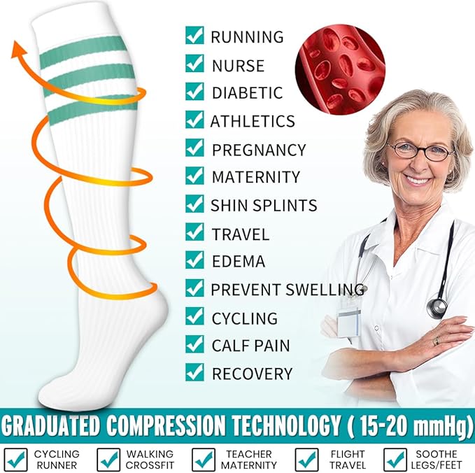 Copper Compression Socks for Women & Men (6 pairs) - Best Support for Nurses, Running, Hiking, Recovery(White Stripe Series 6 Pairs)