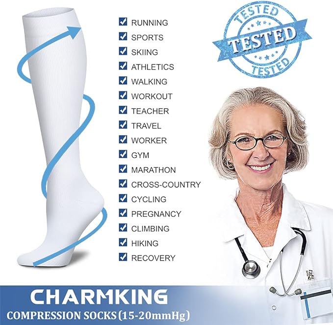 Compression Socks for Women & Men Circulation (8 Pairs) 15-20 mmHg is Best Support for Athletic Running,Hiking(White/White/White/White/White)