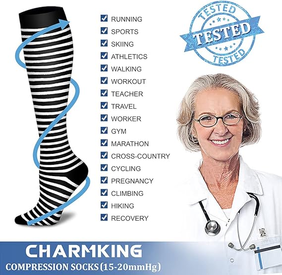 6 Pairs-Compression Socks for Women & Men Circulation Best Support for Nurses, Running, Athletic,Flight Travel(Black/Black/Black/White/Grey/Grey)