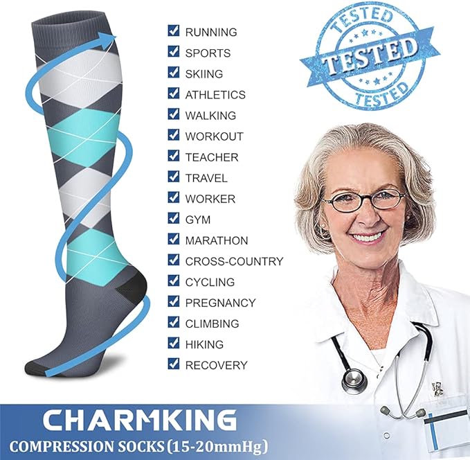 Compression Socks for Women & Men Circulation (8 Pairs) 15-20 mmHg is Best Support for Athletic Running,Hiking(Black/Black/Black/Blue/Blue)