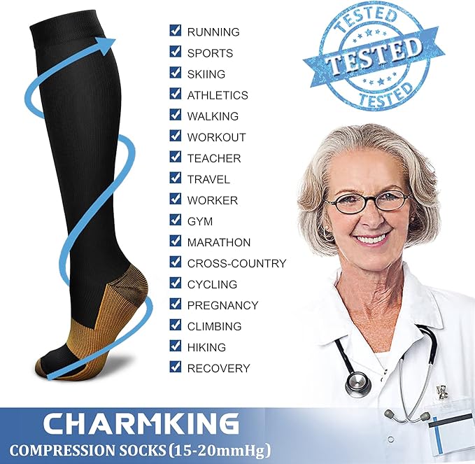 Compression Socks for Women & Men Circulation (8 Pairs) 15-20 mmHg is Best Support for Athletic Running,Hiking(Copper Black/Black/Black/Black/Black)