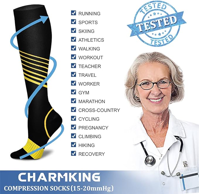 Compression Socks for Women & Men Circulation (8 Pairs) 15-20 mmHg is Best Support for Athletic Running,Hiking(Red/Yellow/Blue/White/Blue)